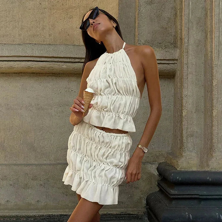 Women's Pleated Halter Neck Two Piece Outfit