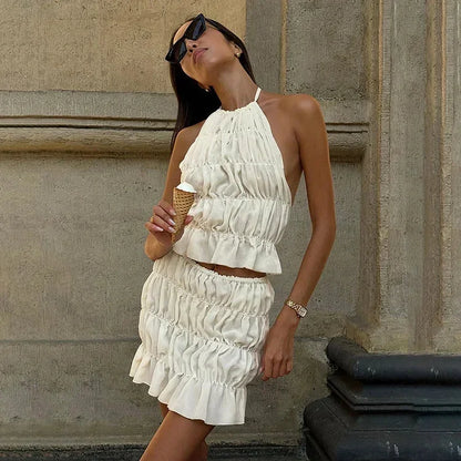 Women's Pleated Halter Neck Two Piece Outfit