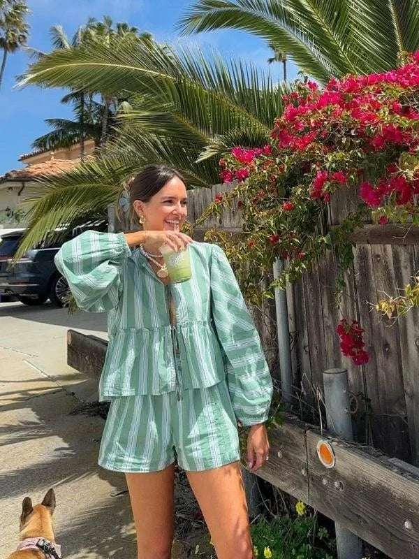 Women's Green Striped Blouse And Shorts Set