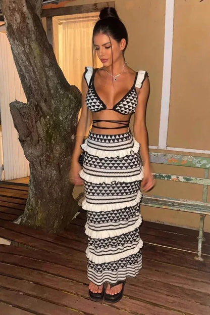 Women's Geometric Pattern Long Skirt Set Black White