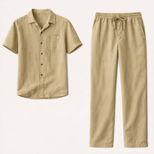 Mens Linen Beach Shirt Pants Set Lightweight Beige