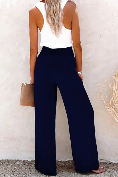Women's Wide Leg High-Waisted Pants Smocked Waistband Beige