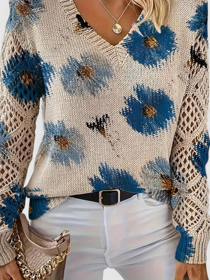 Women's V-Neck Crochet Sweater Floral
