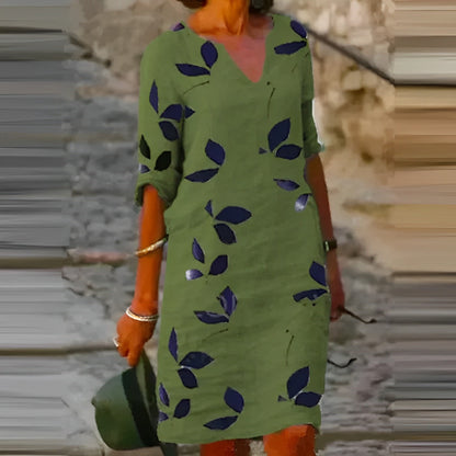 Women's Fall Leaf Print Dress Flowing Silhouette