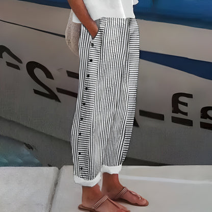Women's Wide Leg Striped Pants With Side Pockets