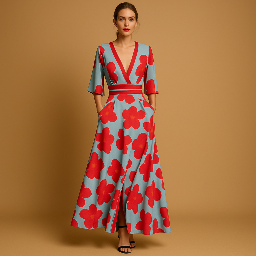 Women's Floral Maxi Dress V-Neck Pockets