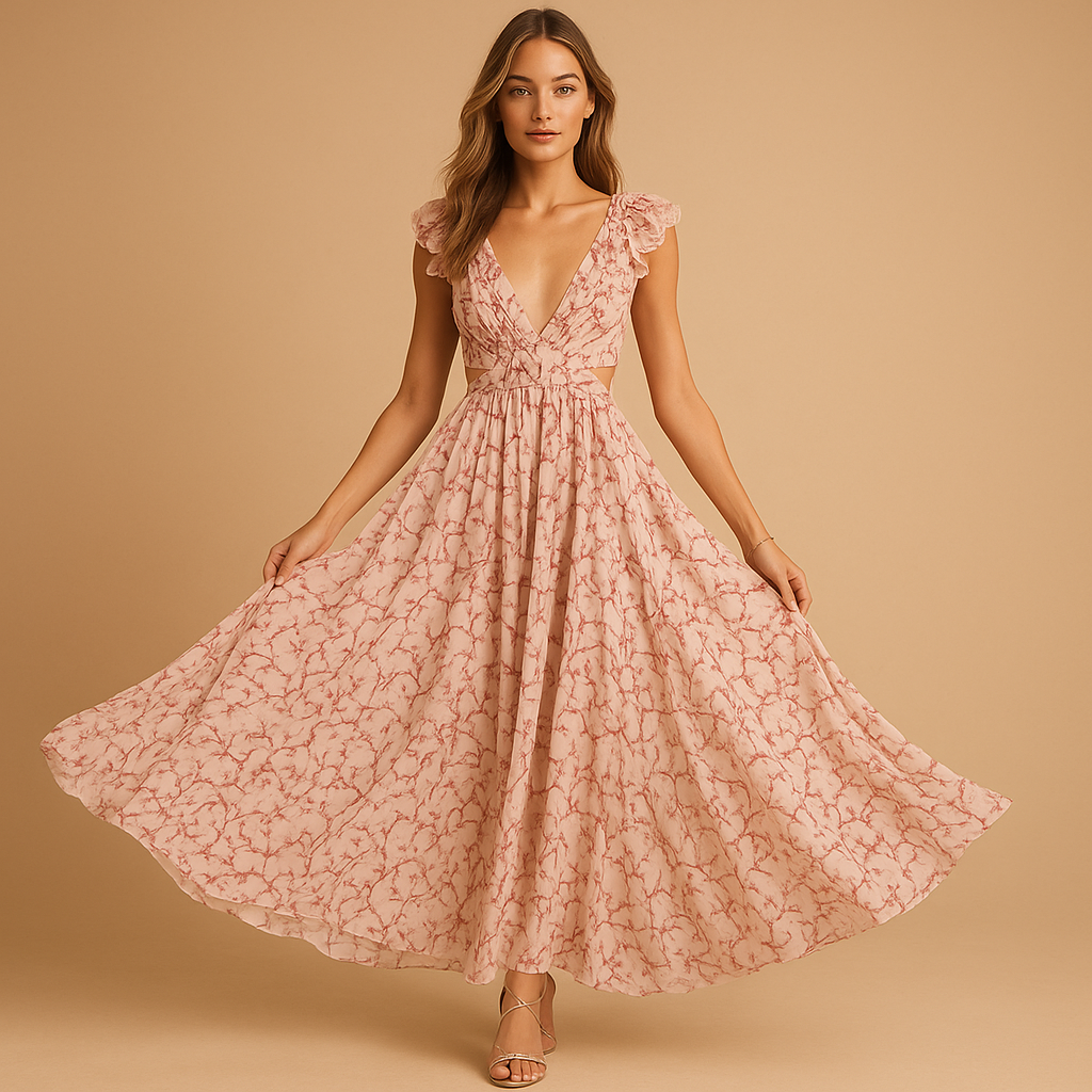 Women's Floral Maxi Dress V-Neck Ruffle Detail