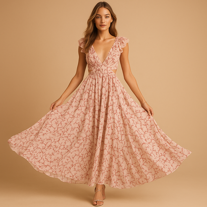 Women's Floral Maxi Dress V-Neck Ruffle Detail