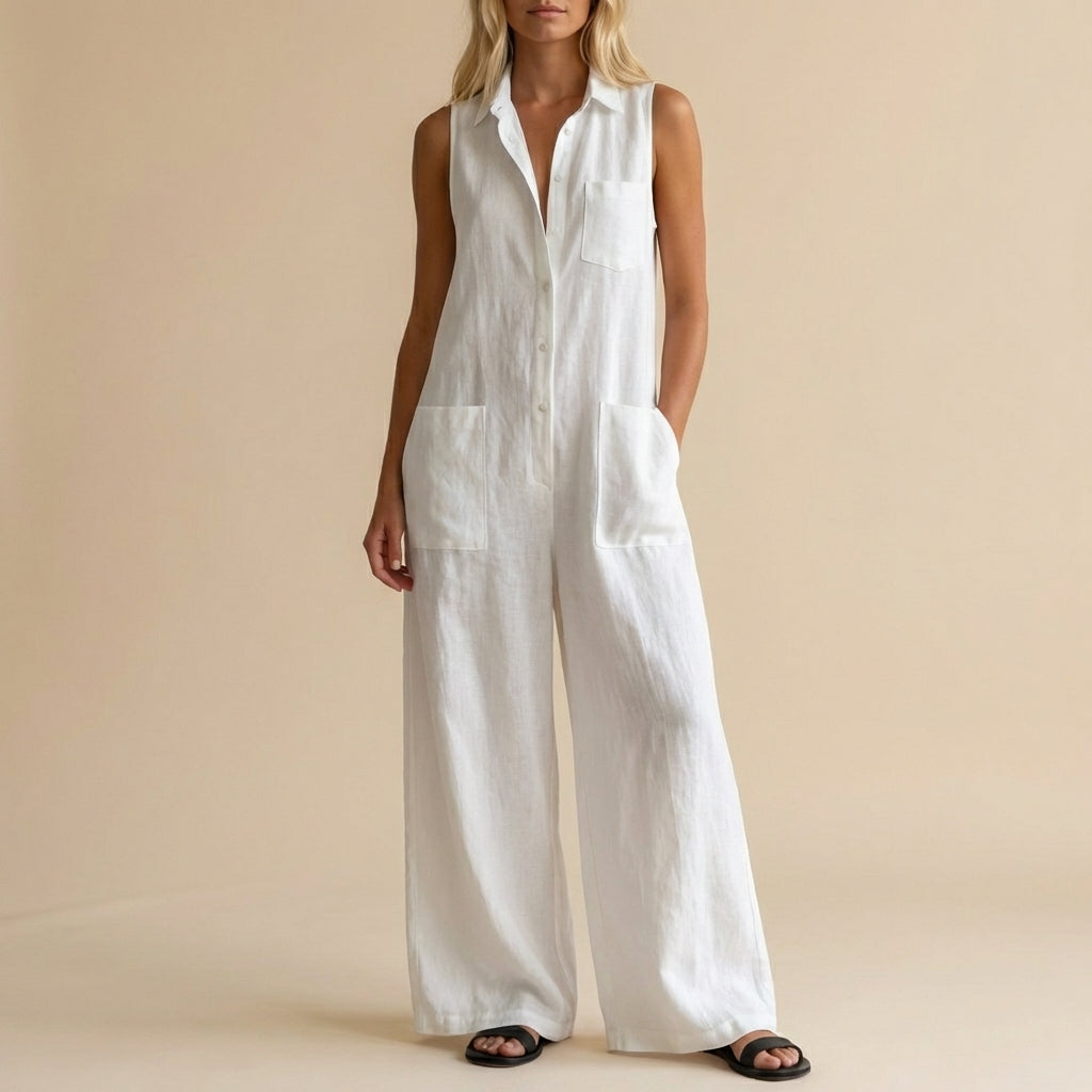 Women's Sleeveless Wide Leg Jumpsuit Button Front Pockets