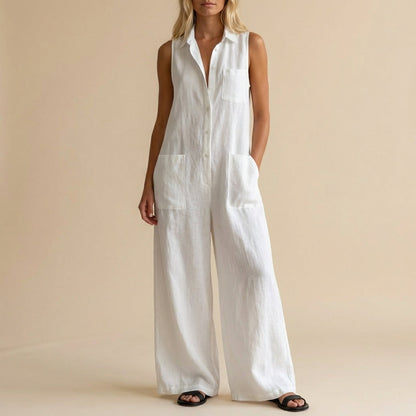 Women's Sleeveless Wide Leg Jumpsuit Button Front Pockets