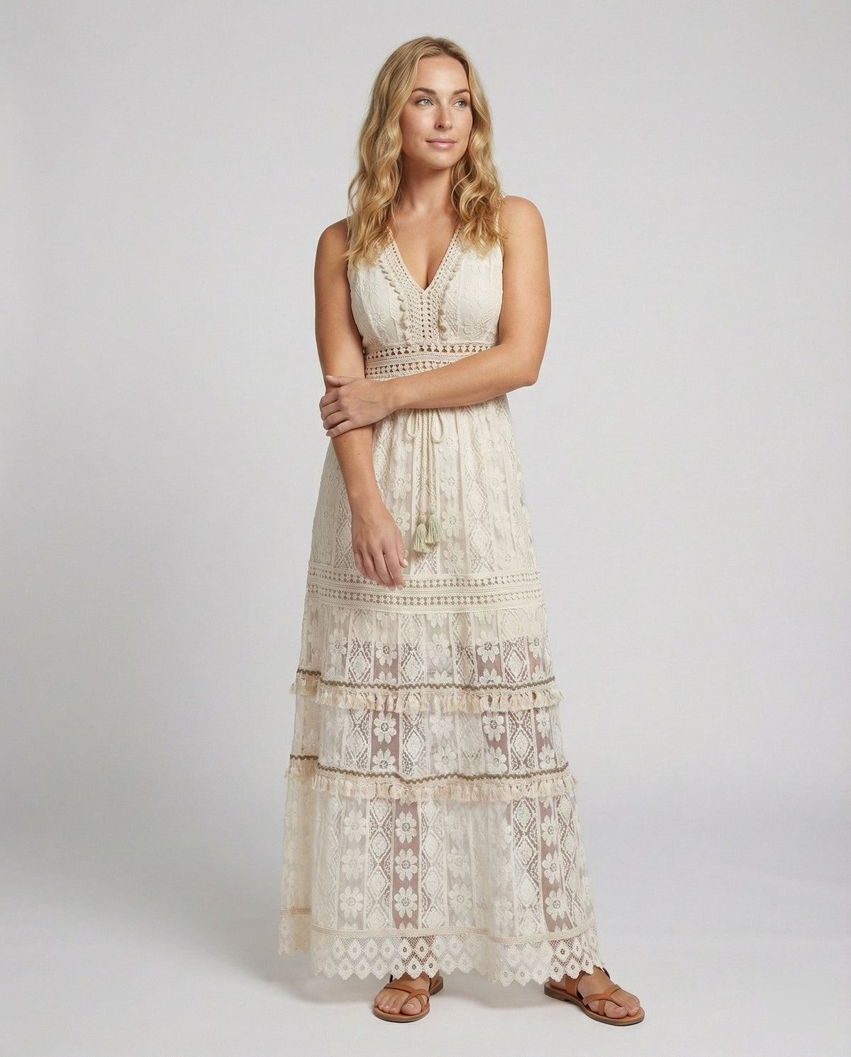 Women's Bohemian Maxi Dress Lace Tiered Tassel Waist