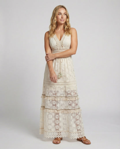 Women's Bohemian Maxi Dress Lace Tiered Tassel Waist