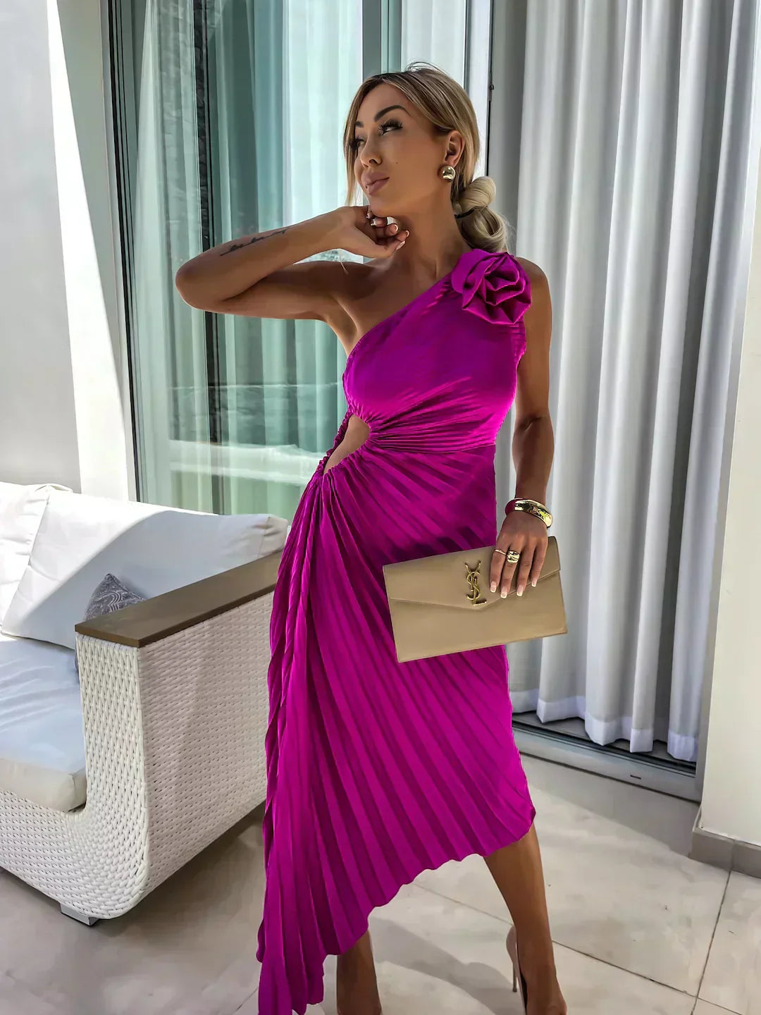 Women's Pleated Shoulder Dress