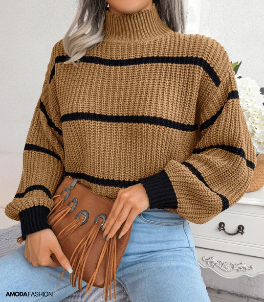 Women's Striped Turtleneck Sweater Long-Sleeved Knitted