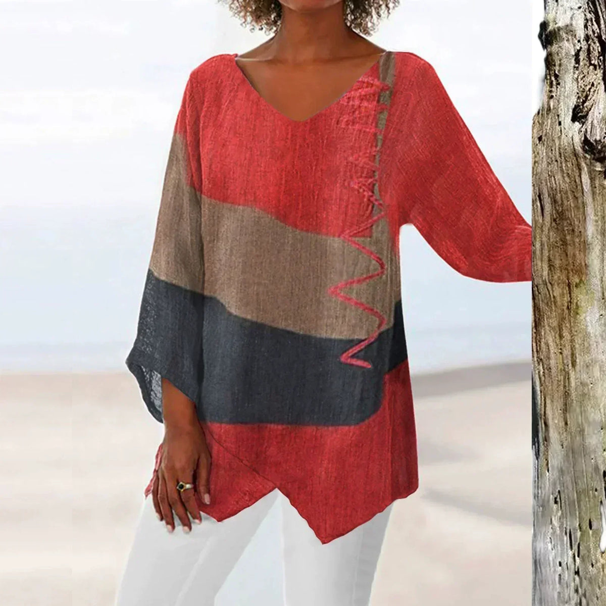 Women's V-Neck Colorblock Asymmetrical Hem