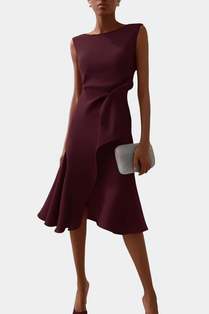 Women's Sleeveless Midi Dress Round Neck Draped Waist Asymmetric Hem