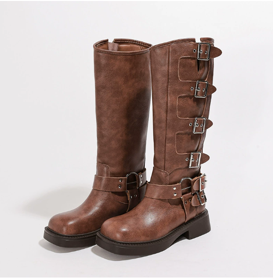 Women's Knee-High Buckle Boots Flat Sole