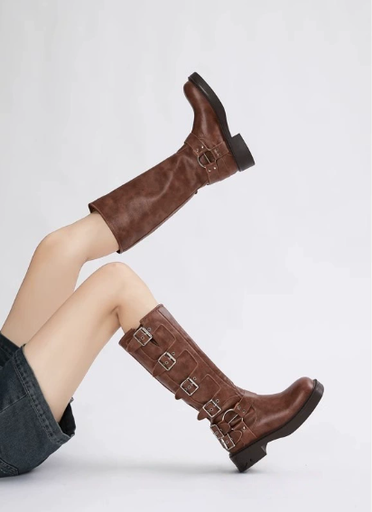 Women's Knee-High Buckle Boots Flat Sole