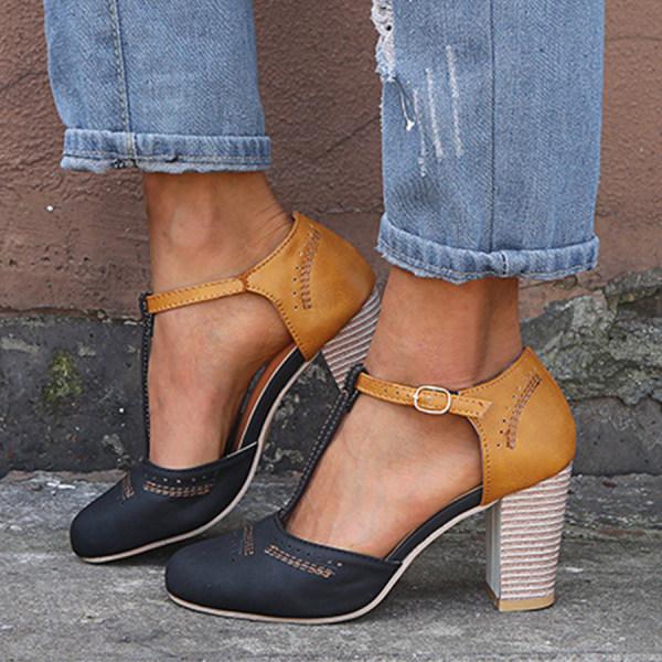 Women's Round-Toe Block Heel Pumps Leather Ankle Strap Black