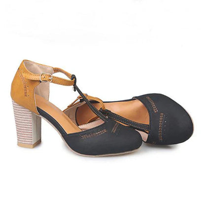 Women's Round-Toe Block Heel Pumps Leather Ankle Strap Black
