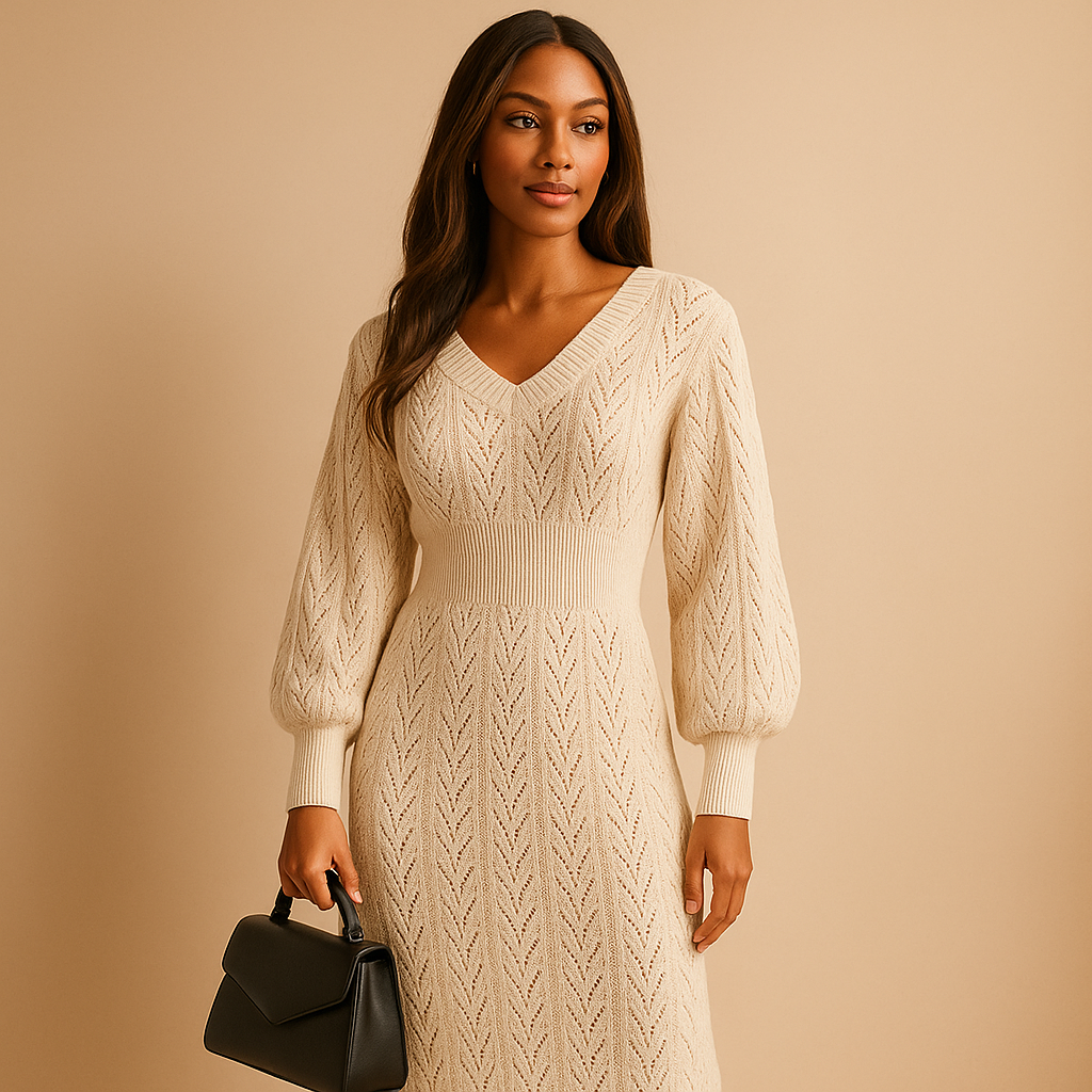 Women's V-Neck Knitted Dress Long Sleeves