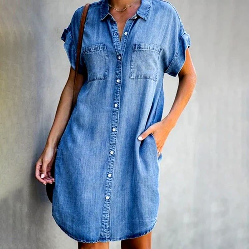 Women's Denim Mini Dress Button-Down Blue