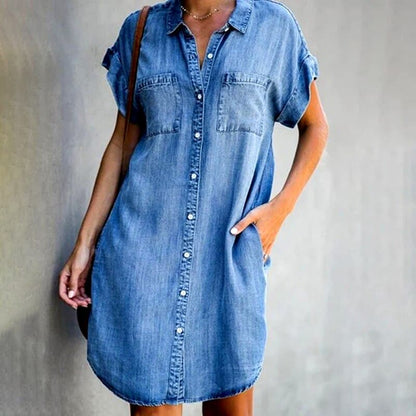 Women's Denim Mini Dress Button-Down Blue