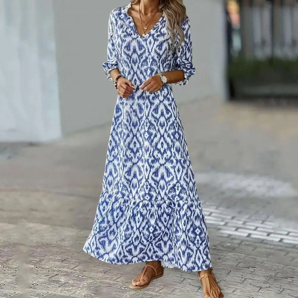 Women's V-Neck Maxi Dress Tiered Hem Half Sleeves
