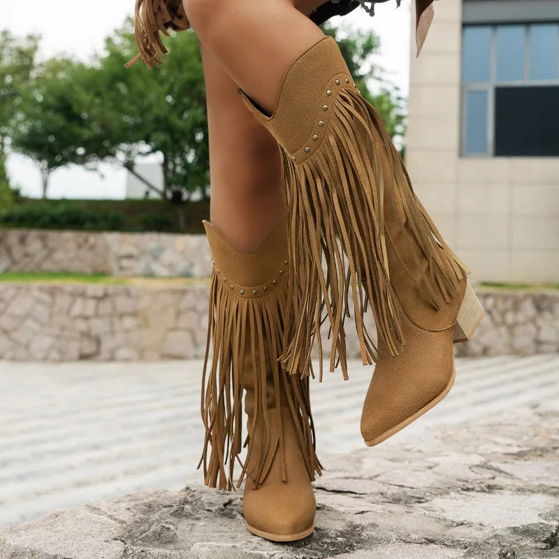 Women's Fringe Knee High Leather Boots