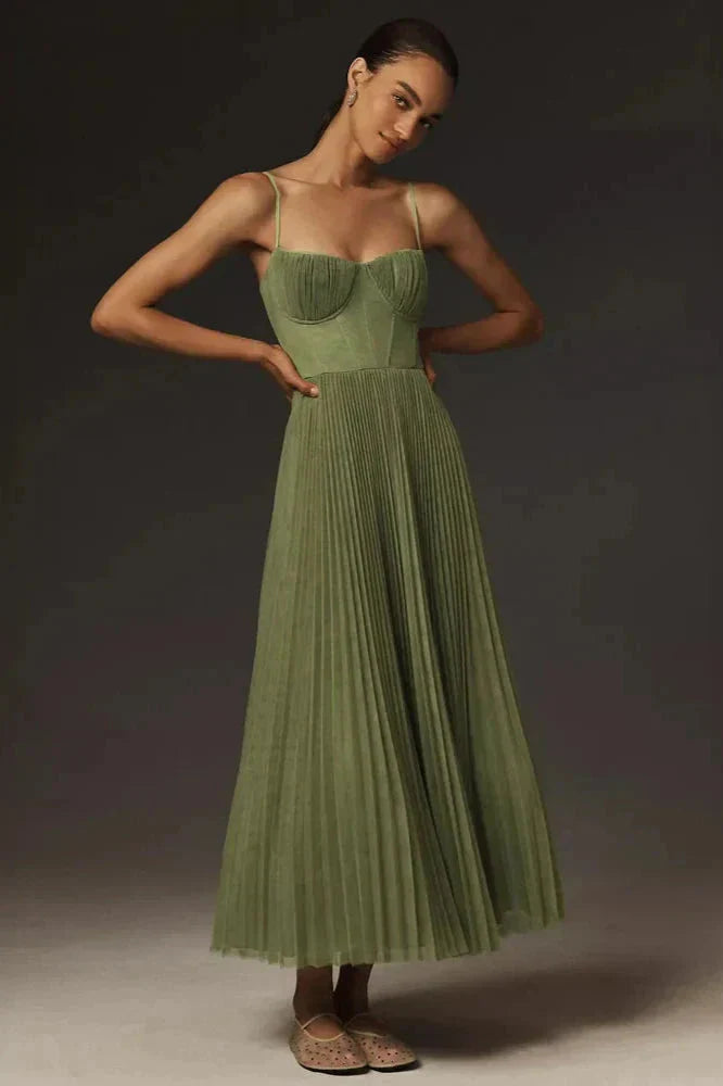 Women's Pleated Midi Dress Spaghetti Strap