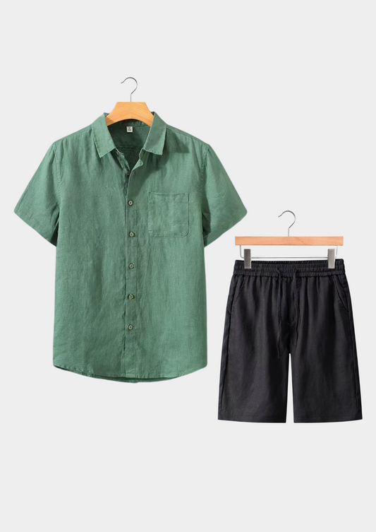 Men's Linen Summer Set Button Shirt Drawstring Shorts