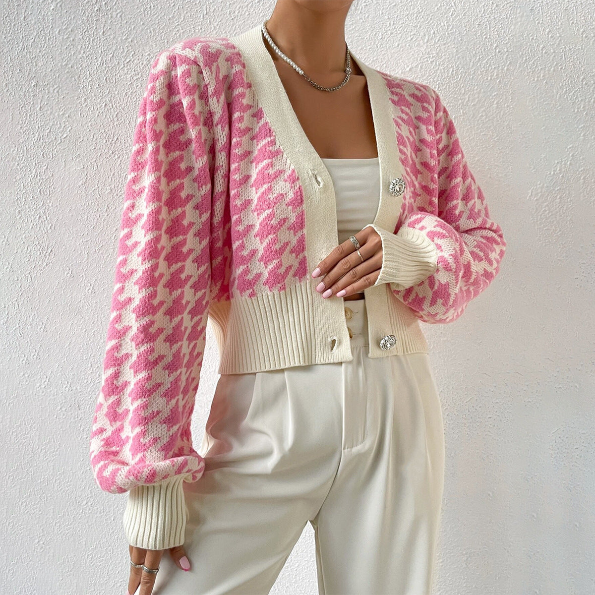 Women's Cropped Houndstooth Cardigan