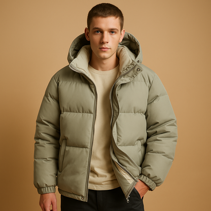 Men’s modern puffer jacket with hood and quilted insulation, lightweight and breathable, suitable for daily wear, travel, and winter outdoor activities.