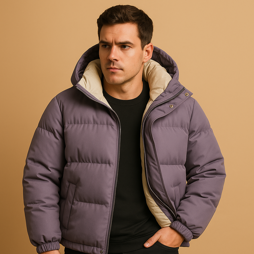 Men’s modern puffer jacket with hood and quilted insulation, lightweight and breathable, suitable for daily wear, travel, and winter outdoor activities.