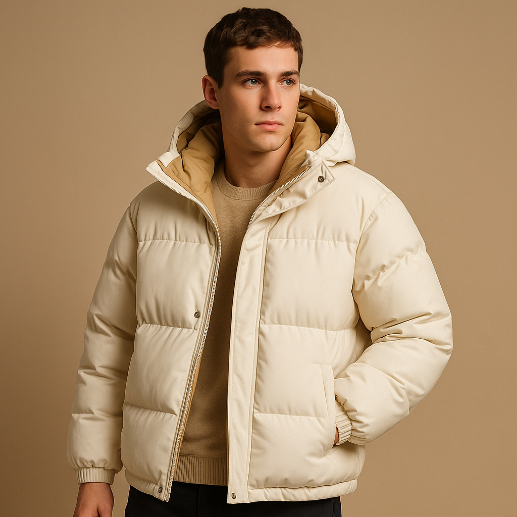 Men’s modern puffer jacket with hood and quilted insulation, lightweight and breathable, suitable for daily wear, travel, and winter outdoor activities.