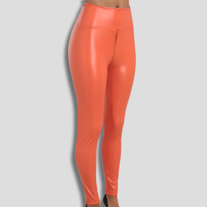 Women's Shiny Leggings Zipper Detail Black