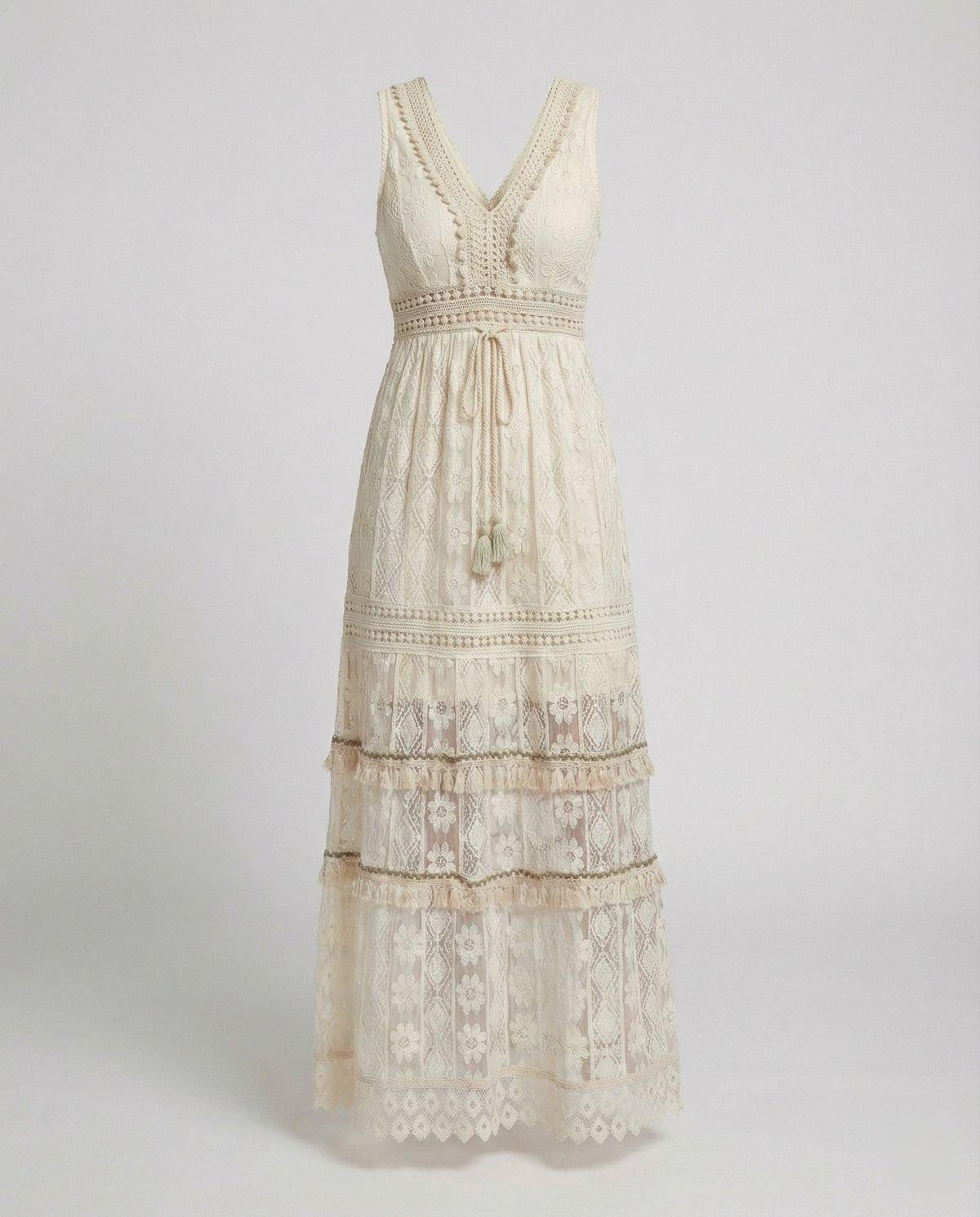 Women's Bohemian Maxi Dress Lace Tiered Tassel Waist