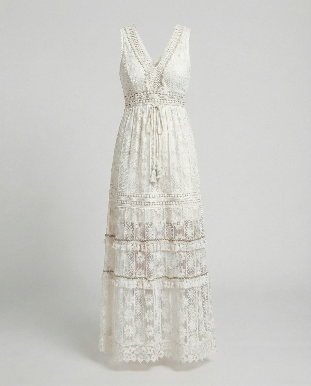 Women's Bohemian Maxi Dress Lace Tiered Tassel Waist