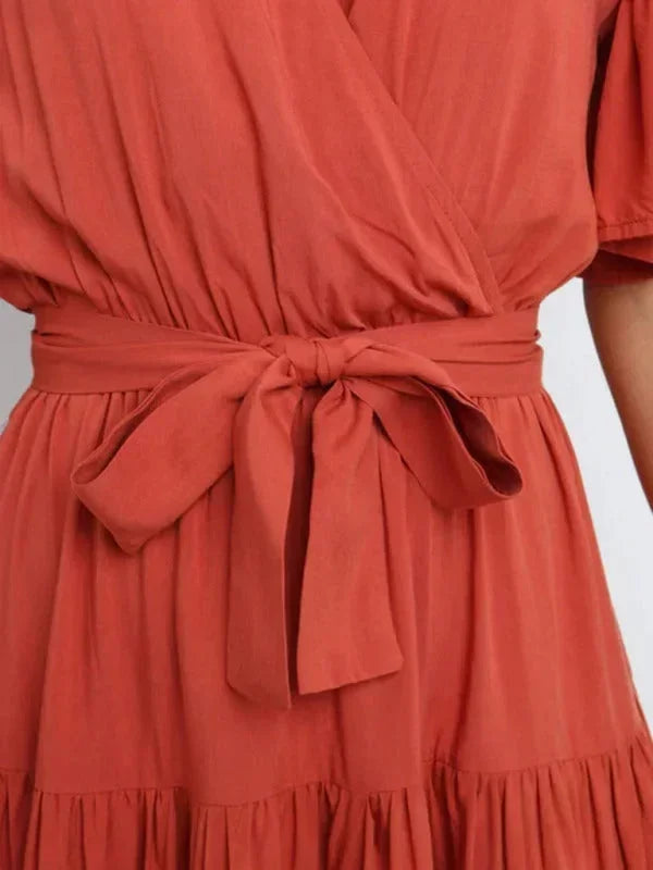 Women's Midi Dress Ruffled V-Neck Short Sleeves