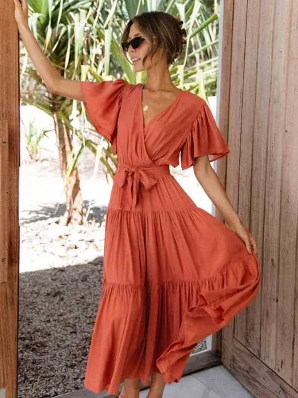 Women's Midi Dress Ruffled V-Neck Short Sleeves