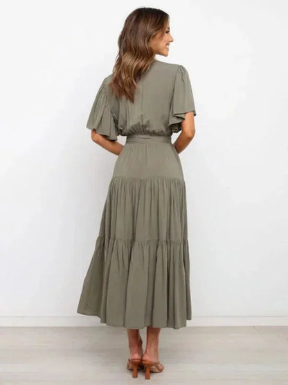 Women's Midi Dress Ruffled V-Neck Short Sleeves