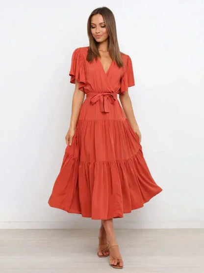 Women's Midi Dress Ruffled V-Neck Short Sleeves