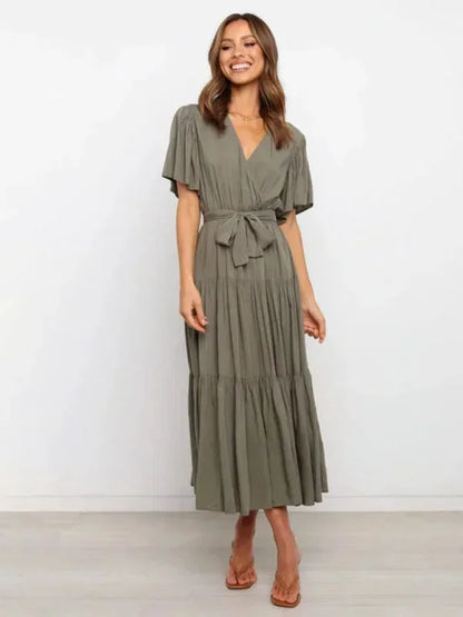 Women's Midi Dress Ruffled V-Neck Short Sleeves