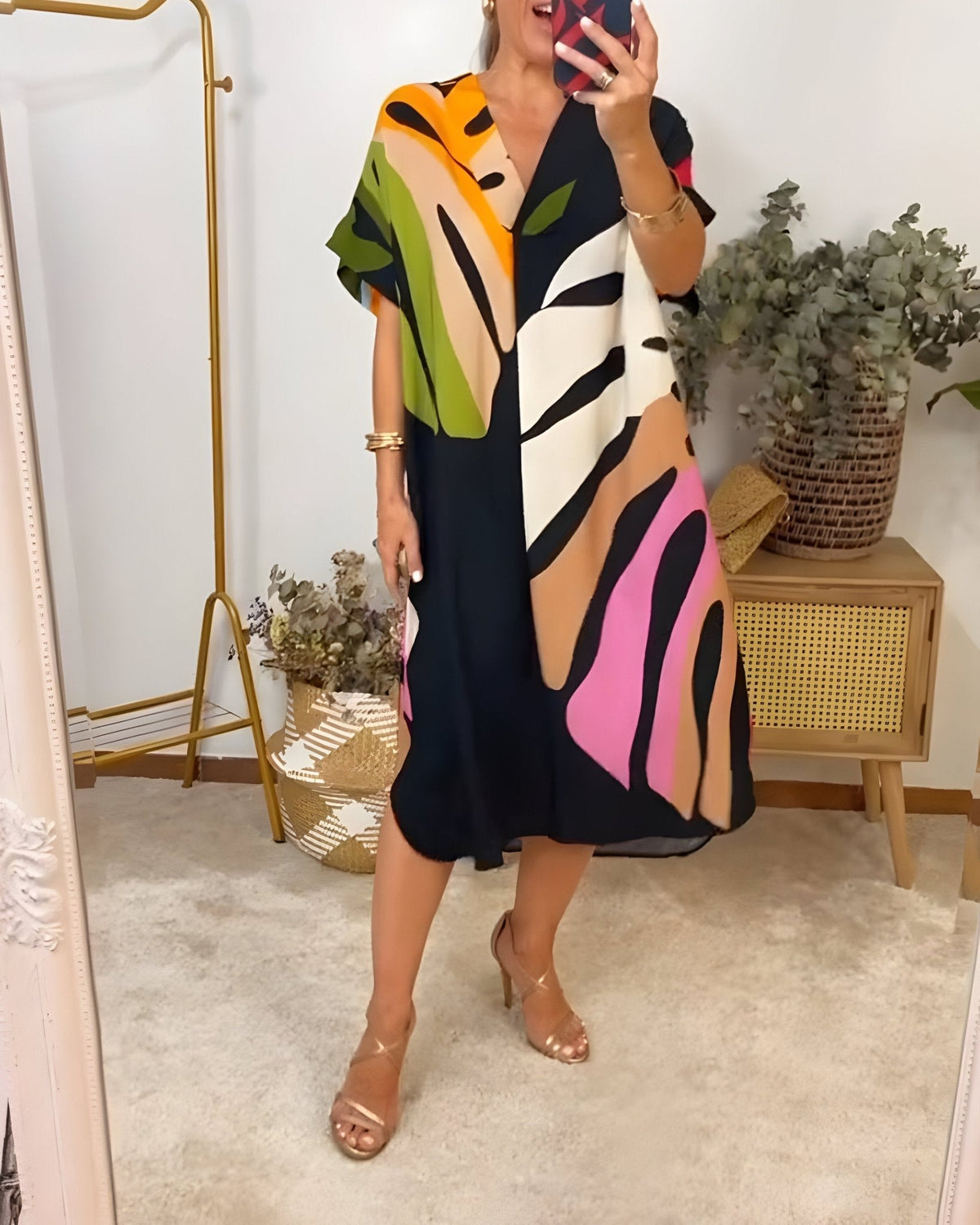 Women's V-Neck Dress Wide Kimono Sleeves