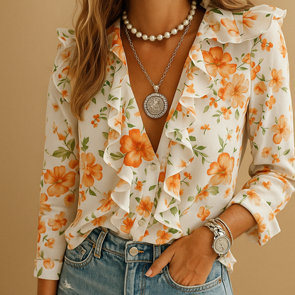 Women's Butterfly Print Ruffle Blouse