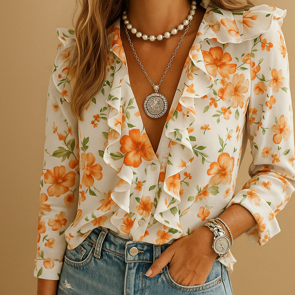 Women's Ruffled Blouse Butterfly Print