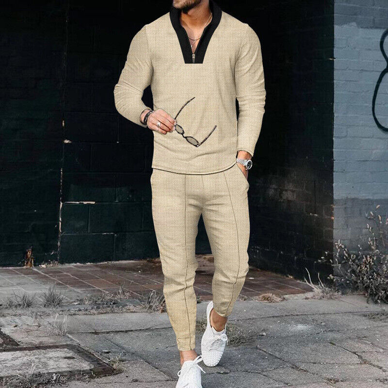 Men's Long Sleeve Quarter Zip And Pants Set Textured
