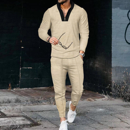 Men's Long Sleeve Quarter Zip And Pants Set Textured