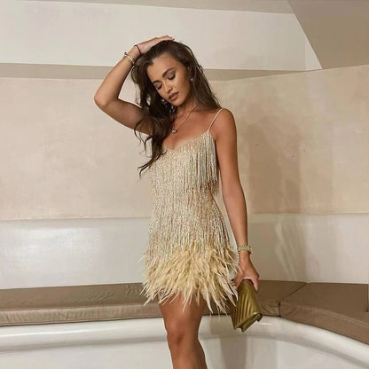 Women's Mini Dress V-Neck Spaghetti Straps Fringe