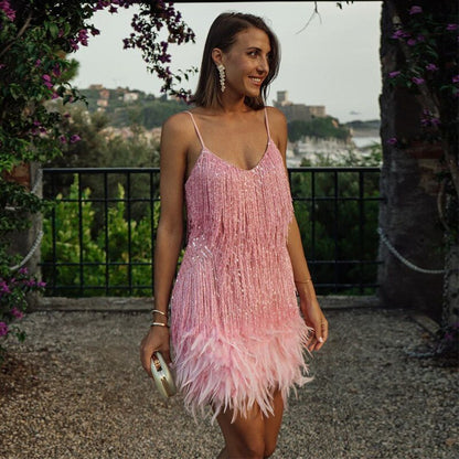 Women's Mini Dress V-Neck Spaghetti Straps Fringe